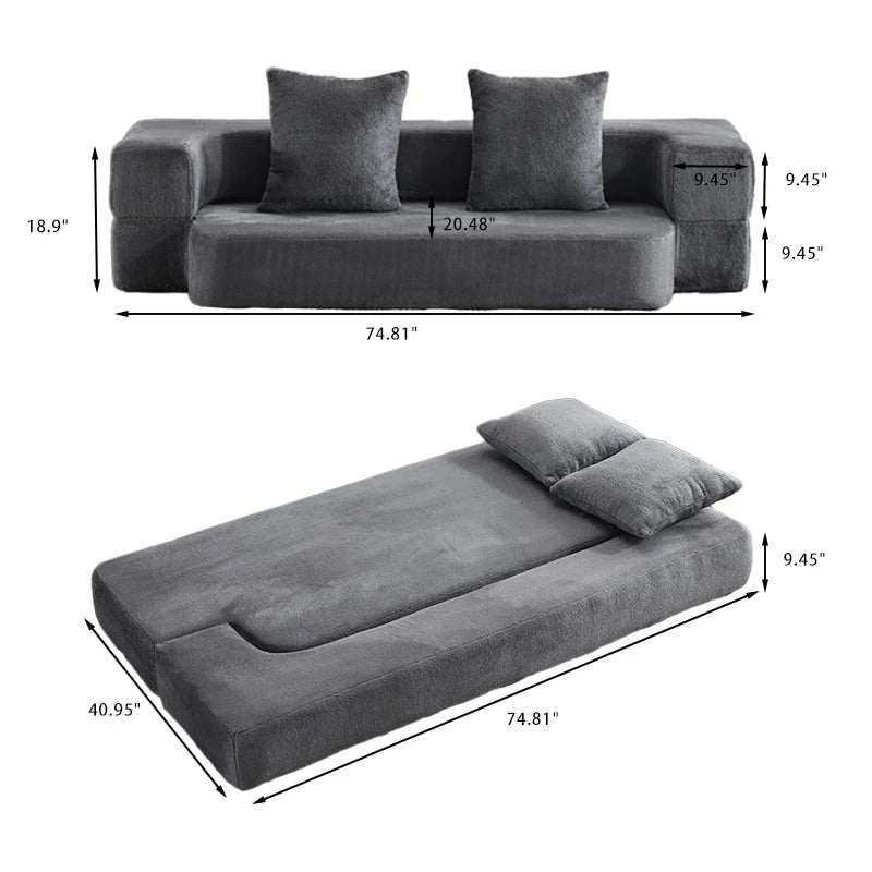 Canapé d'angle transformable avec 3 poufs - Lit pliant en mousse à soutien ferme, méridienne compacte en chenille