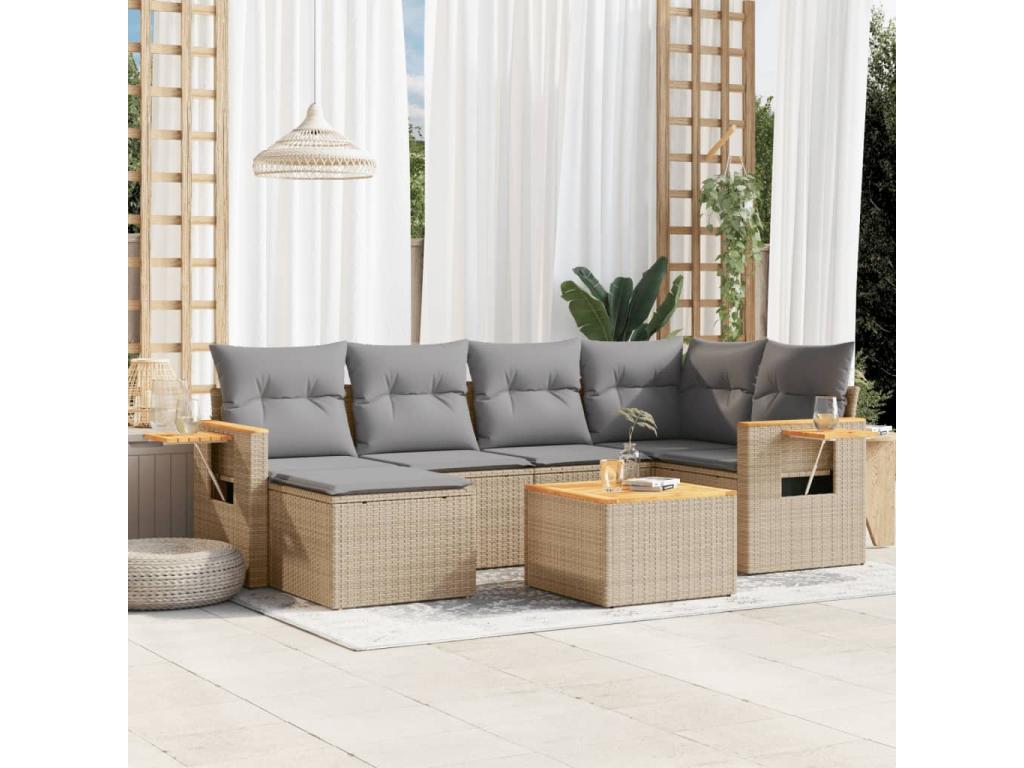Ensemble de mobilier de jardin 7 pièces en résine tressée avec coussins, beige
