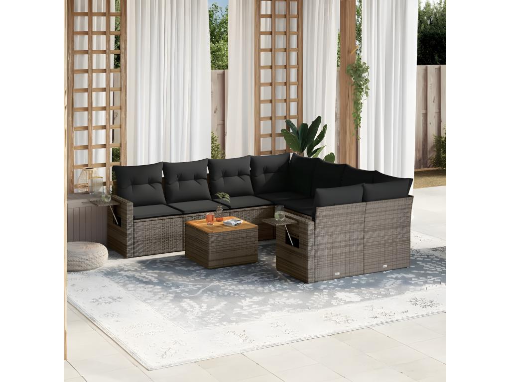 Ensemble de mobilier de jardin 9 pièces en résine tressée avec coussins, gris