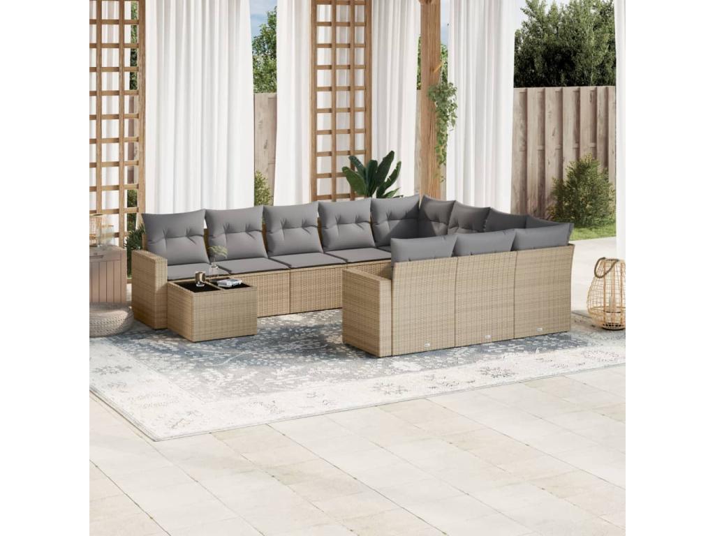 Ensemble de mobilier de jardin 11 pièces en résine tressée avec coussins, beige