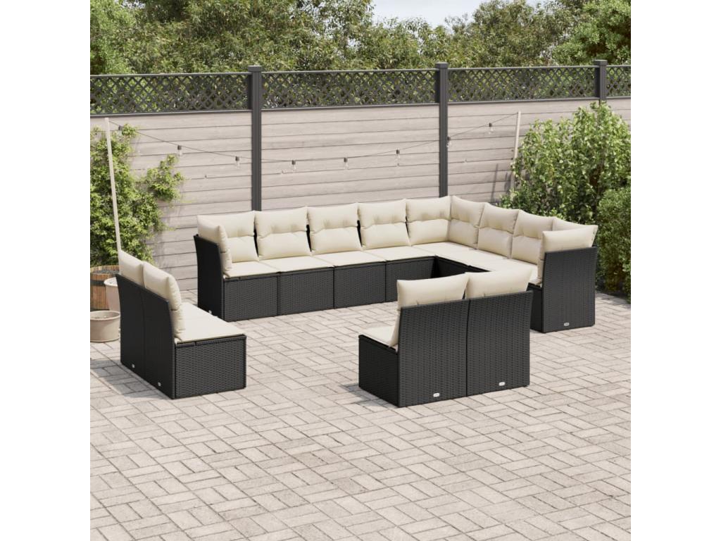 Ensemble de mobilier de jardin 12 pièces en résine tressée avec coussins, noir