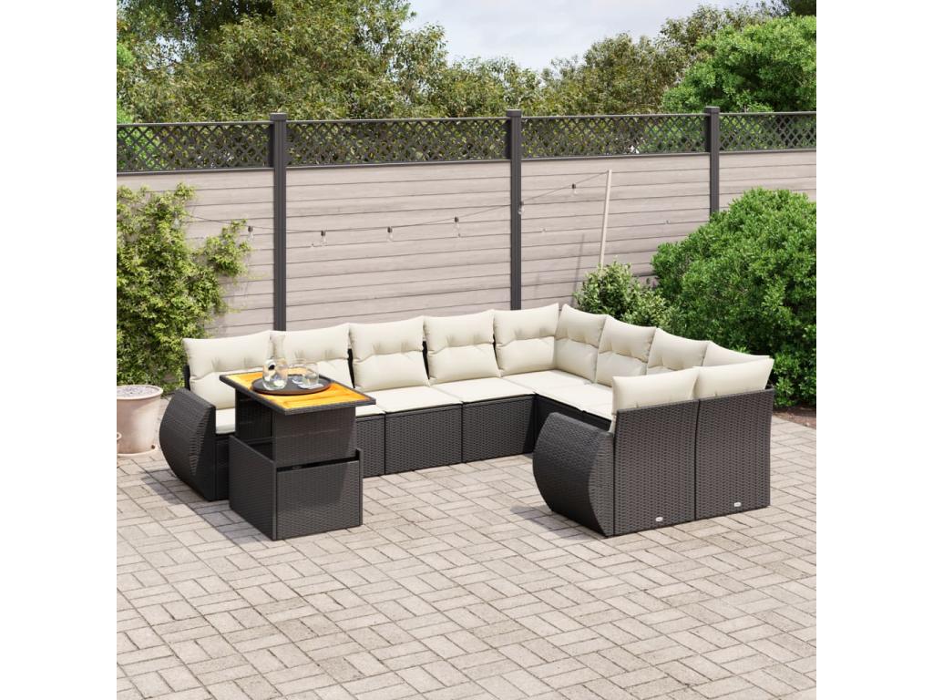 Ensemble de mobilier de jardin 10 pièces en résine tressée avec coussins, noir