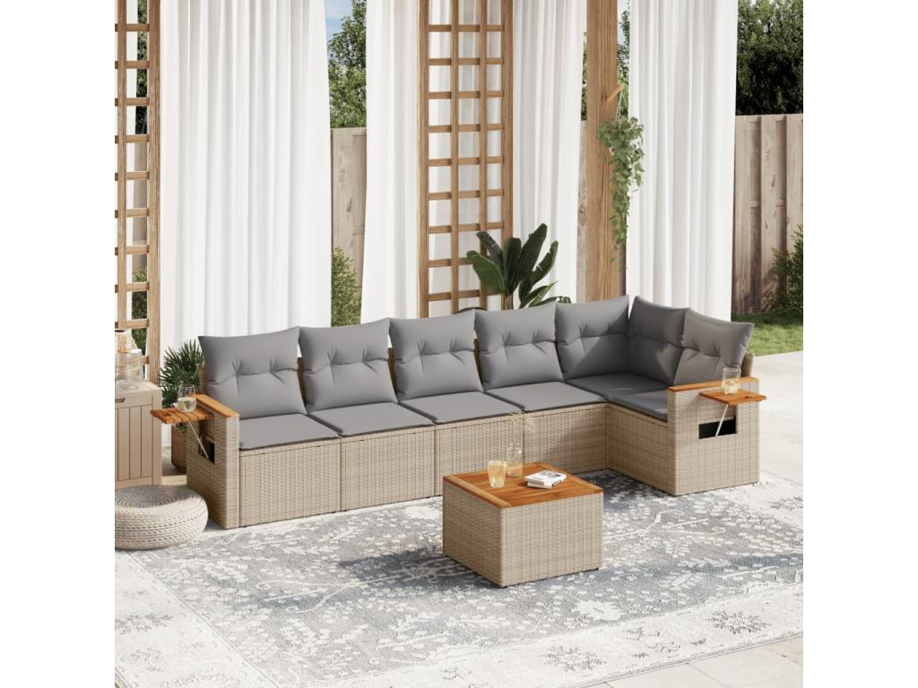 Ensemble de mobilier de jardin 7 pièces en résine tressée avec coussins, beige