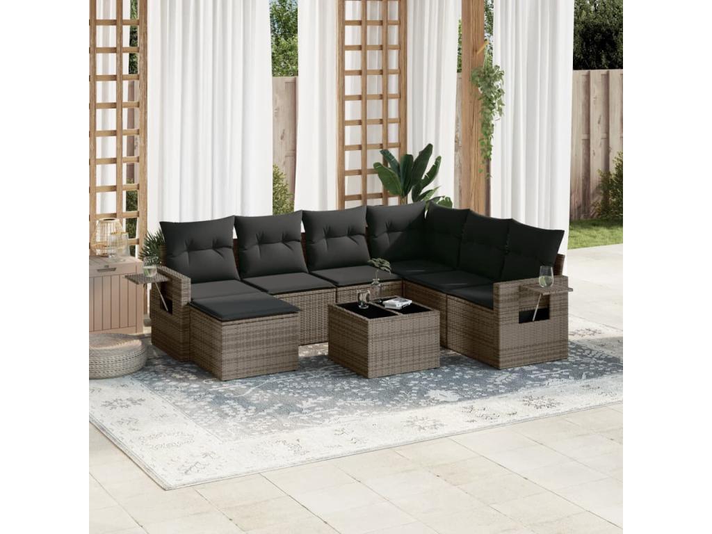 Ensemble de mobilier de jardin 8 pièces en résine tressée avec coussins, gris