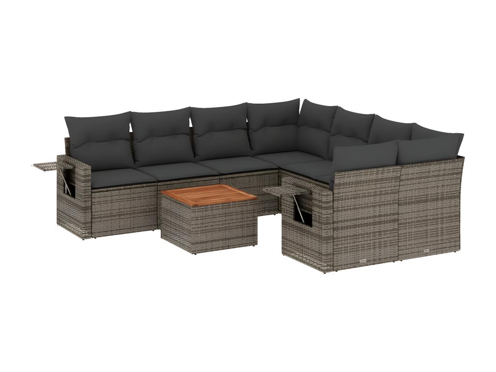 Ensemble de mobilier de jardin 9 pièces en résine tressée avec coussins, gris