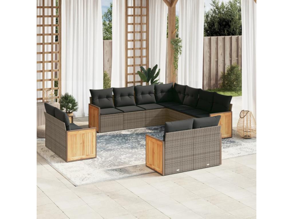 Ensemble de mobilier de jardin 11 pièces en résine tressée avec coussins, gris