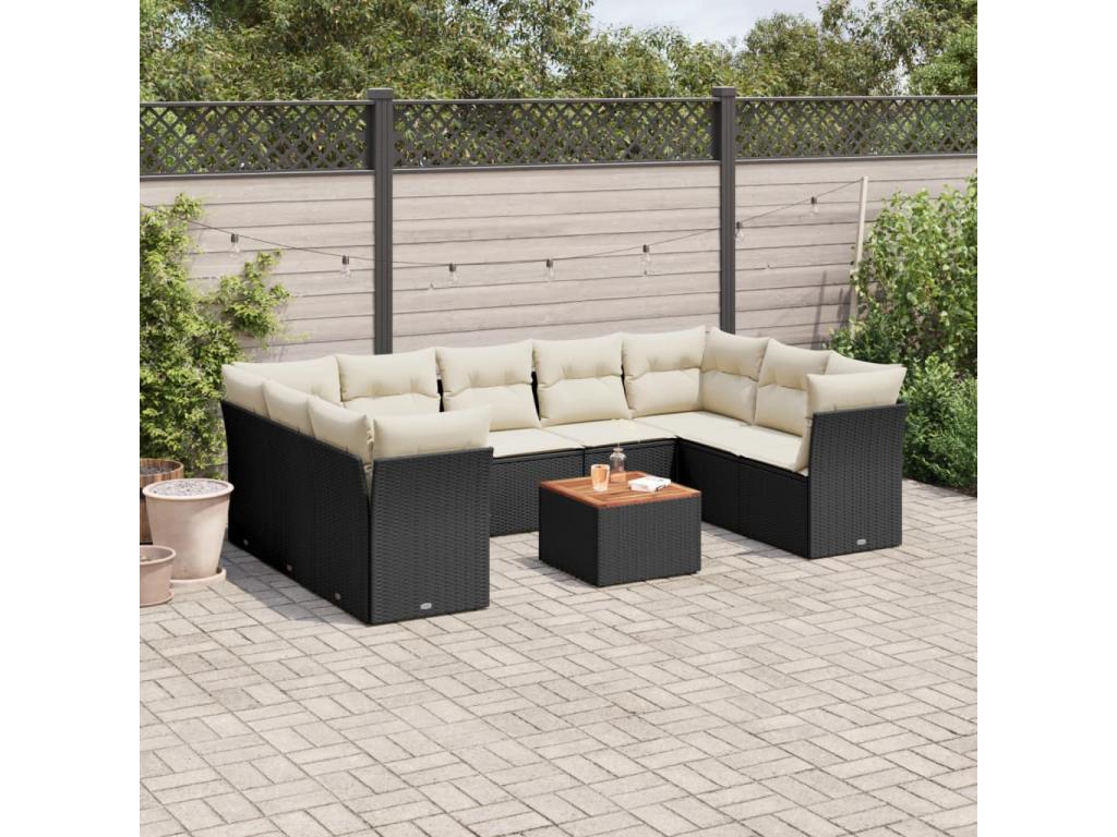 Ensemble de mobilier de jardin 10 pièces en résine tressée avec coussins, noir