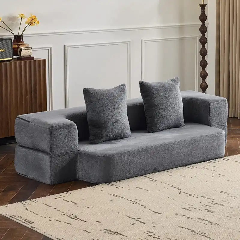 Transformable Sectional Sofa with 3 Ottoman Stools - Supportive Foam Fold-Out Bed, Compact Chenille Lounger