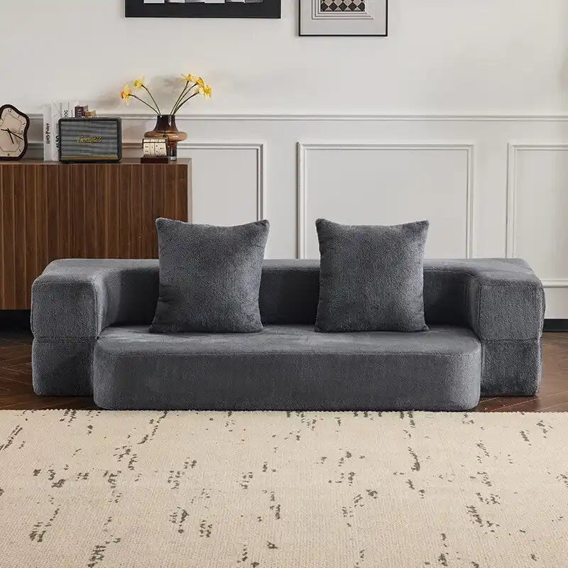 Canapé d'angle transformable avec 3 poufs - Lit pliant en mousse à soutien ferme, méridienne compacte en chenille