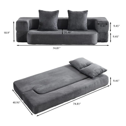 Canapé d'angle transformable avec 3 poufs - Lit pliant en mousse à soutien ferme, méridienne compacte en chenille