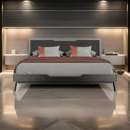 Kiran King Size Platform Bed, Gray Upholstered Headboard, Wood Frame