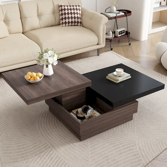 Modern 2 Tier Square Coffee Table Swivel Top Coffee Table with 1 Hidden Storage Space, for Living Room