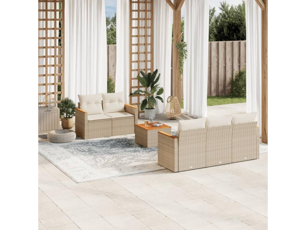 Ensemble de mobilier de jardin 6 pièces en résine tressée avec coussins, beige