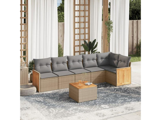 Ensemble de mobilier de jardin 7 pièces en résine tressée avec coussins, beige