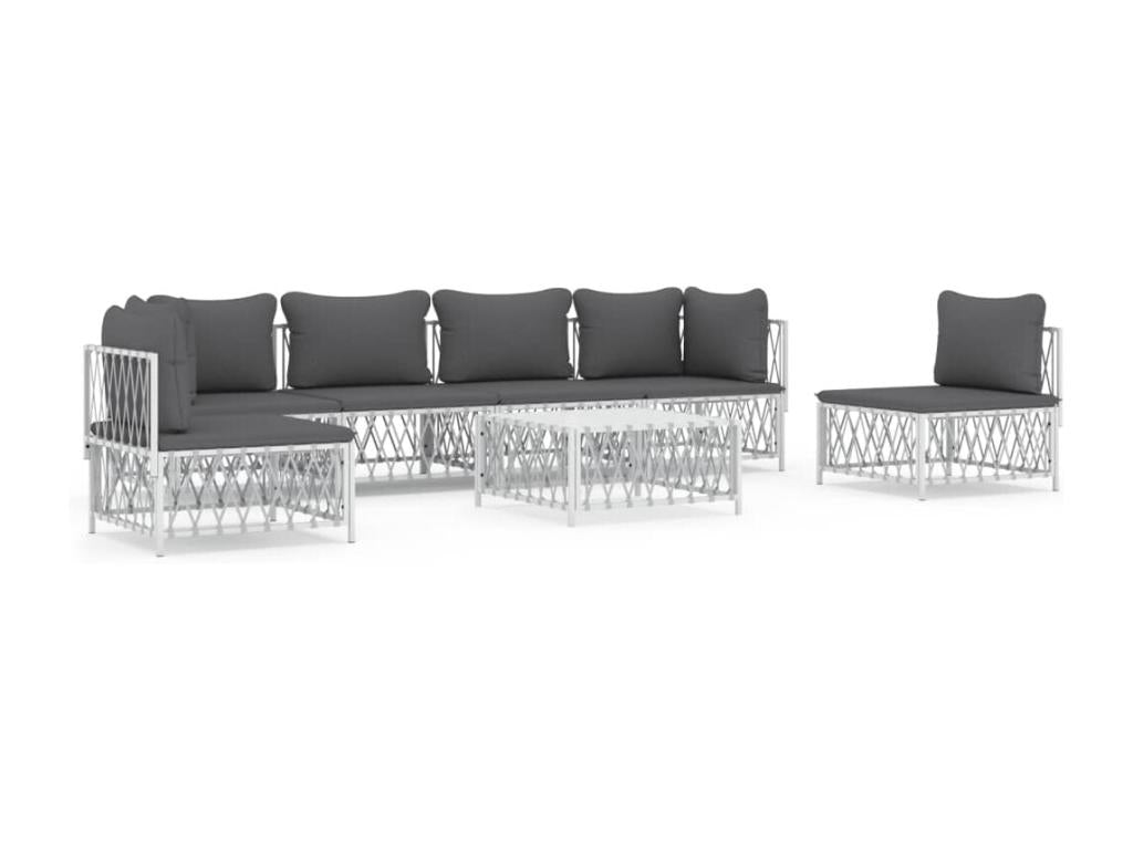 Ensemble de mobilier de jardin 7 pièces avec coussins, blanc