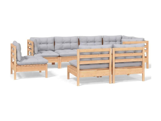 Ensemble de mobilier de jardin 8 pièces en pin avec coussins, gris