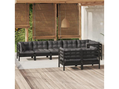 Ensemble de mobilier de jardin 8 pièces en pin avec coussins, noir