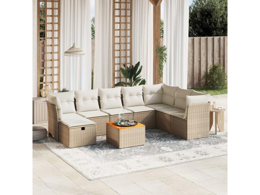 Ensemble de mobilier de jardin 9 pièces en résine tressée avec coussins, beige
