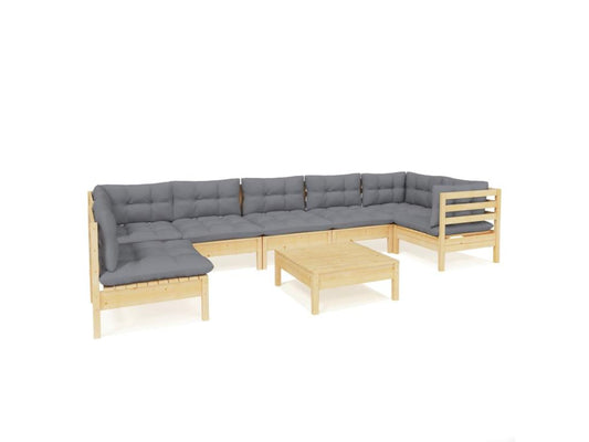 Ensemble de mobilier de jardin 8 pièces en pin avec coussins, gris