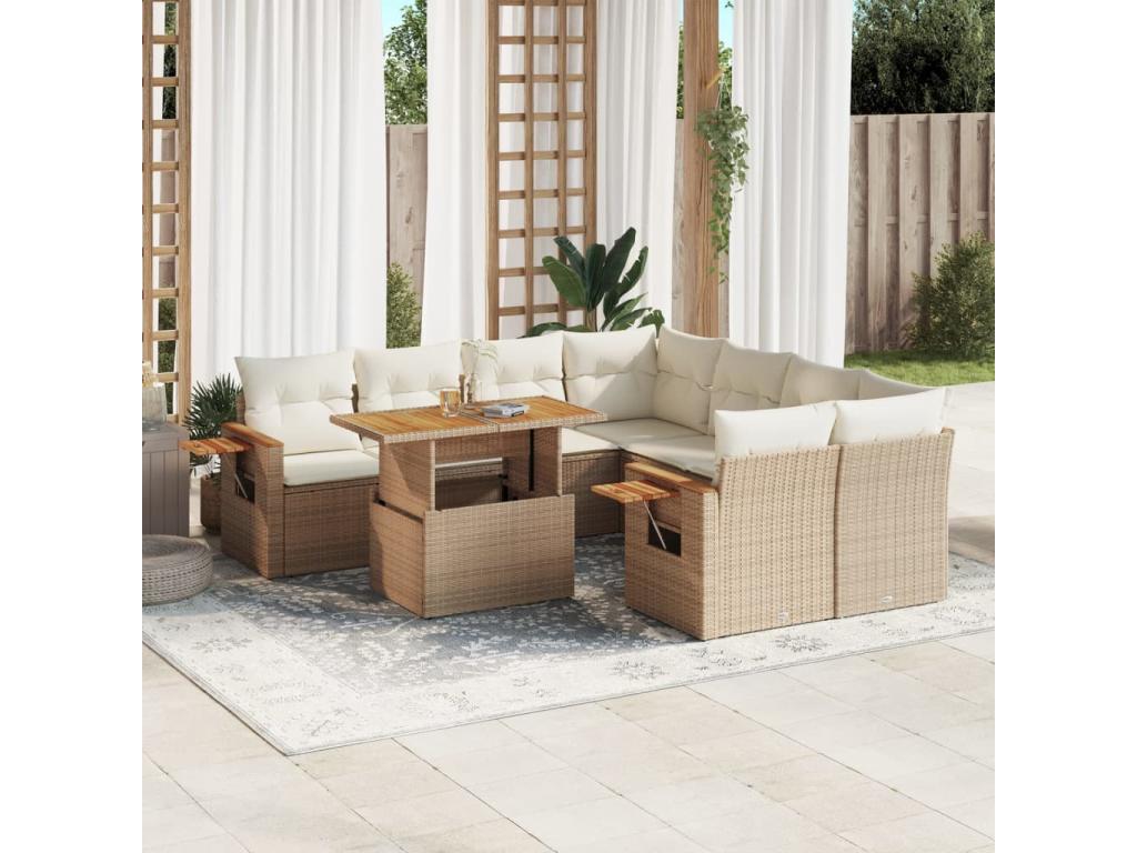Ensemble de mobilier de jardin 9 pièces en résine tressée avec coussins, beige