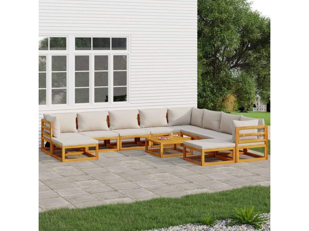 Ensemble de mobilier de jardin 11 pièces en bois massif avec coussins, marron