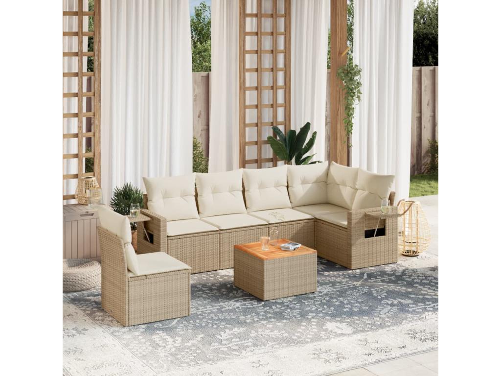 Ensemble de mobilier de jardin 7 pièces en résine tressée avec coussins, beige