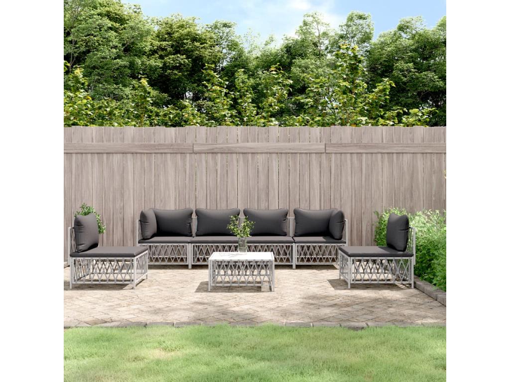 Ensemble de mobilier de jardin 7 pièces avec coussins, blanc