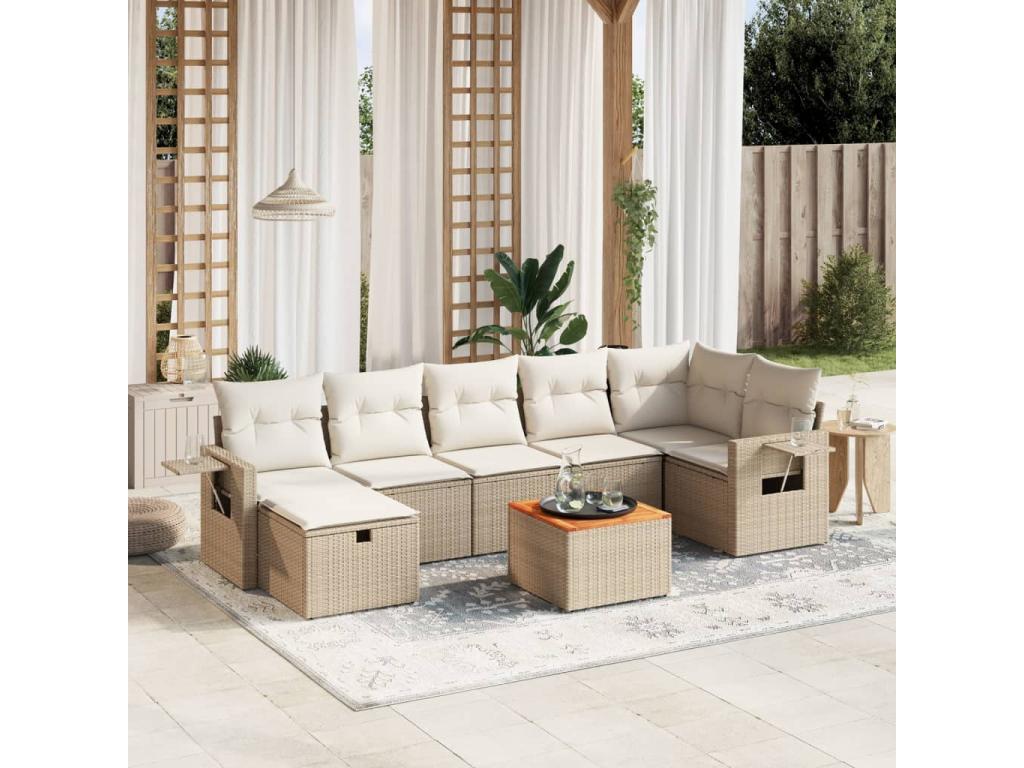 Ensemble de mobilier de jardin 8 pièces en résine tressée avec coussins, beige