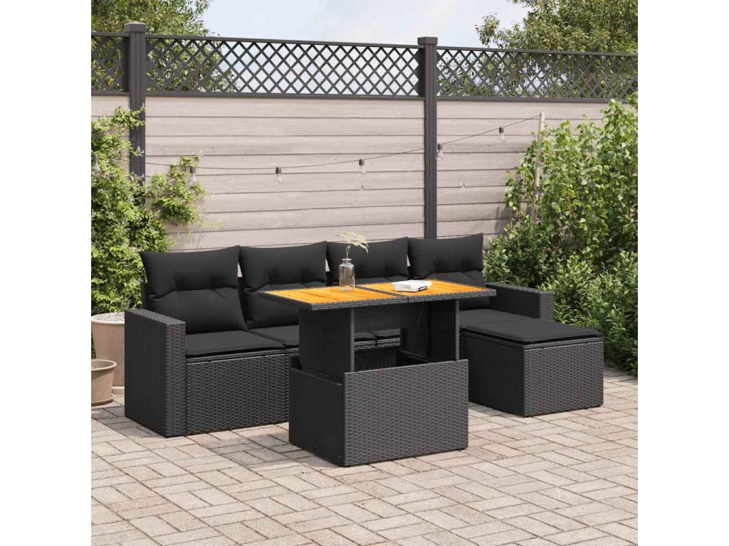 Ensemble de mobilier de jardin 6 pièces en résine tressée avec coussins, noir