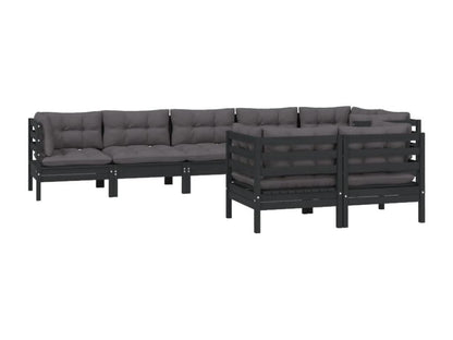 Ensemble de mobilier de jardin 8 pièces en pin avec coussins, noir