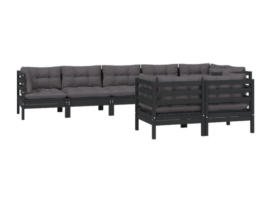 Ensemble de mobilier de jardin 8 pièces en pin avec coussins, noir