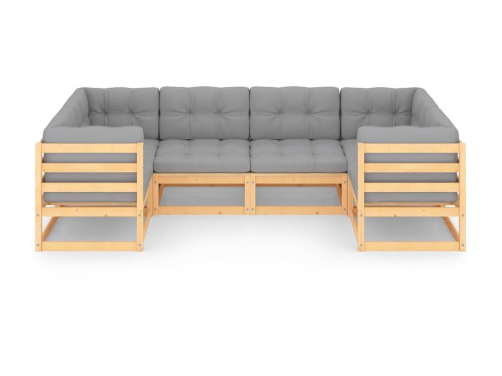 Ensemble de mobilier de jardin 6 pièces en pin clair avec coussins, couleur naturelle claire