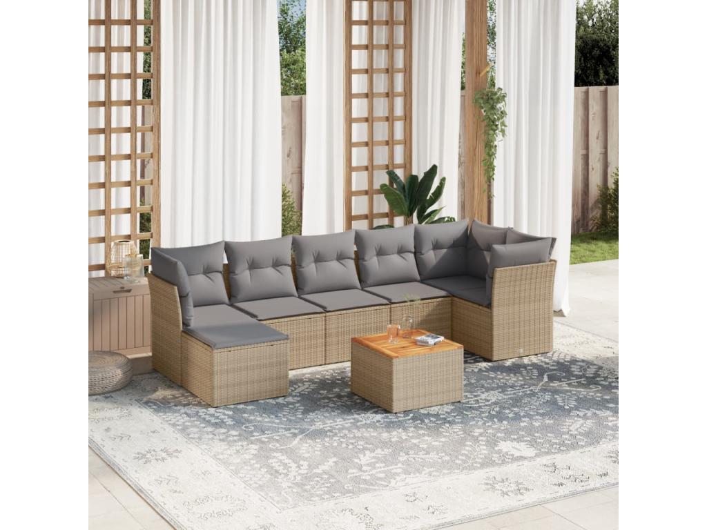 Ensemble de mobilier de jardin 8 pièces en résine tressée avec coussins, beige