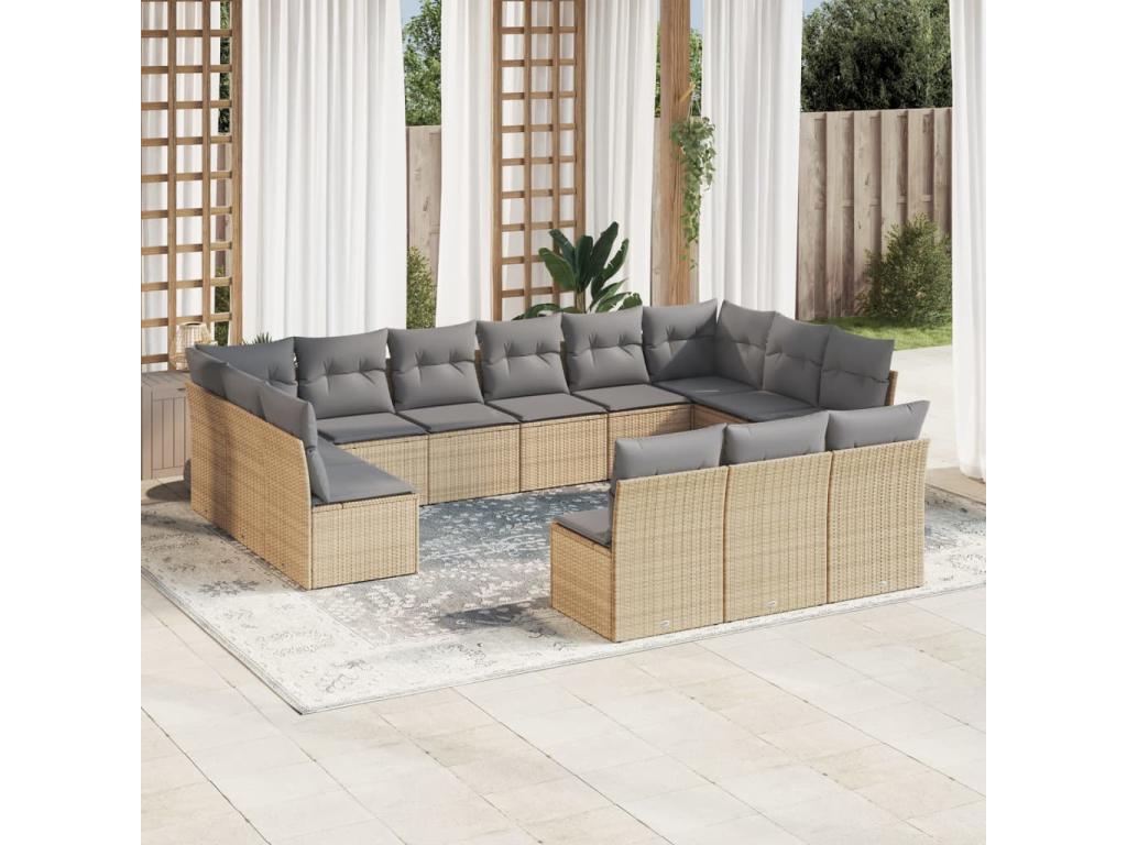 Ensemble de mobilier de jardin 13 pièces en résine tressée avec coussins, beige