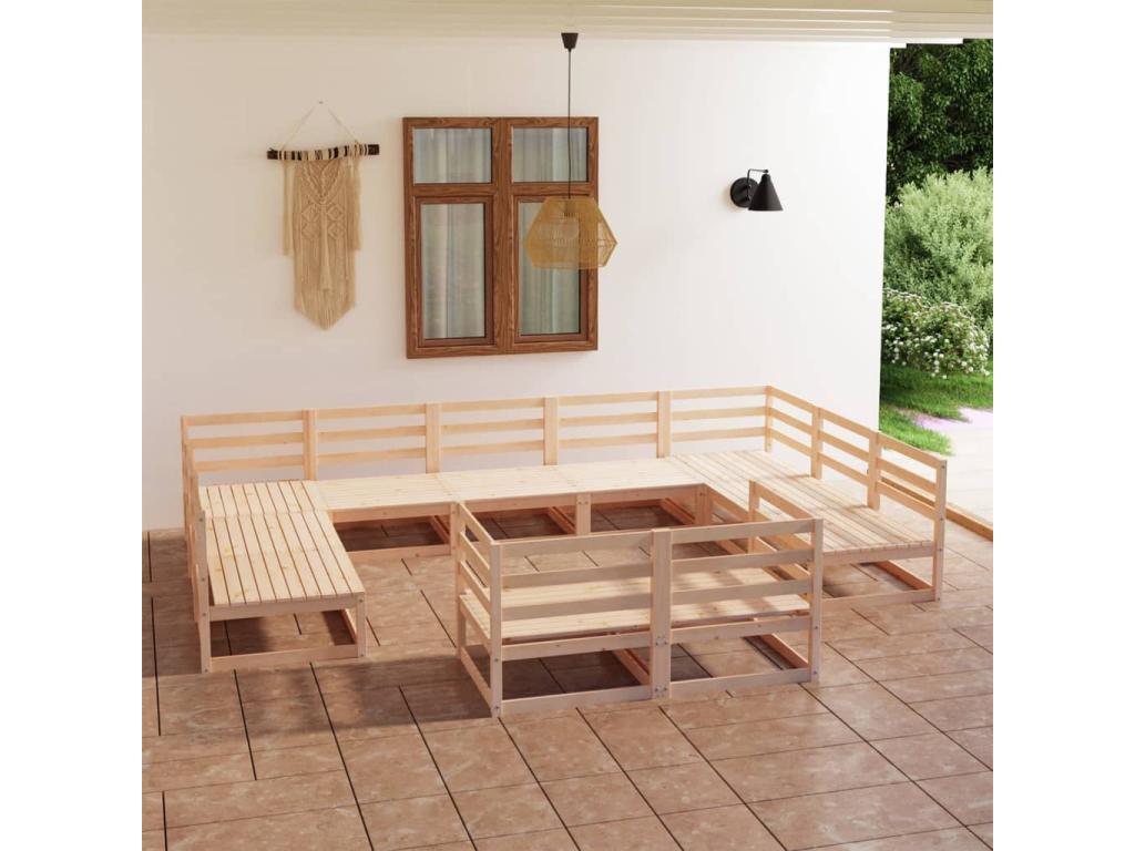 Ensemble de mobilier de jardin en pin brun, 11 pièces
