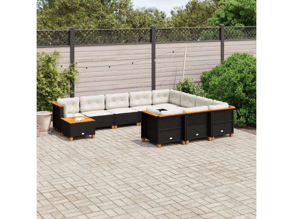 Ensemble de mobilier de jardin 11 pièces en résine tressée avec coussins, noir