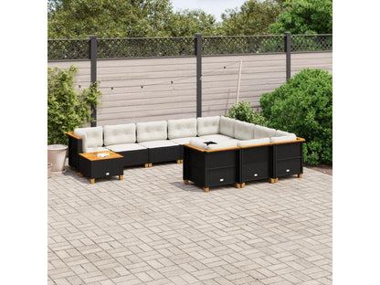 Ensemble de mobilier de jardin 11 pièces en résine tressée avec coussins, noir