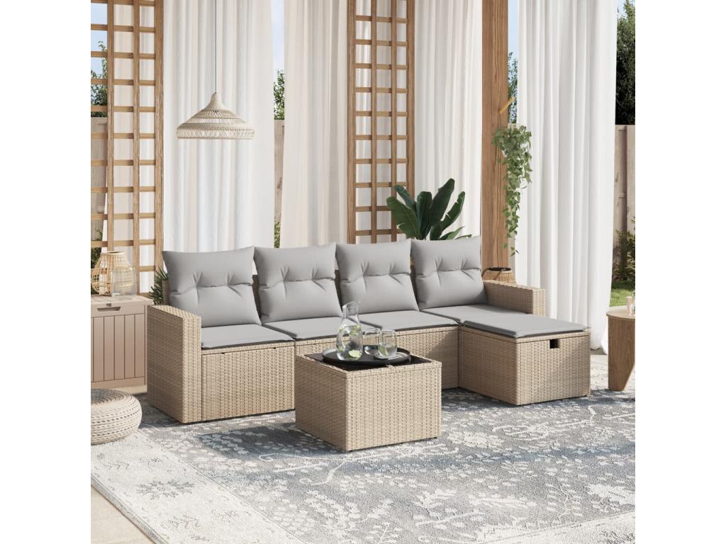 Ensemble de mobilier de jardin 6 pièces en résine tressée avec coussins, beige
