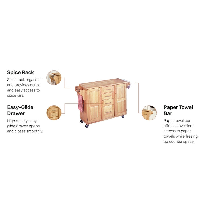 Chariot de cuisine en bois naturel avec bar à petit-déjeuner