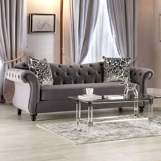 Addae Glam Grey Velvet Fabric Upholstered Button Tufted Sofa by Furniture of America