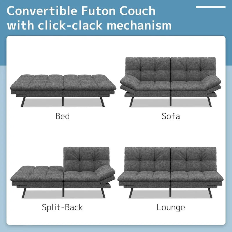 Canapé-lit futon, canapé pliable en mousse à mémoire de forme, convertible en lit de jour avec accoudoirs réglables pour petits espaces