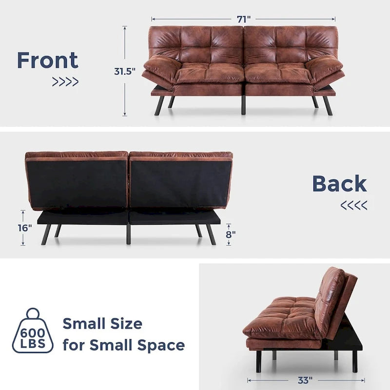 Canapé-lit futon, canapé pliable en mousse à mémoire de forme, convertible en lit de jour avec accoudoirs réglables pour petits espaces