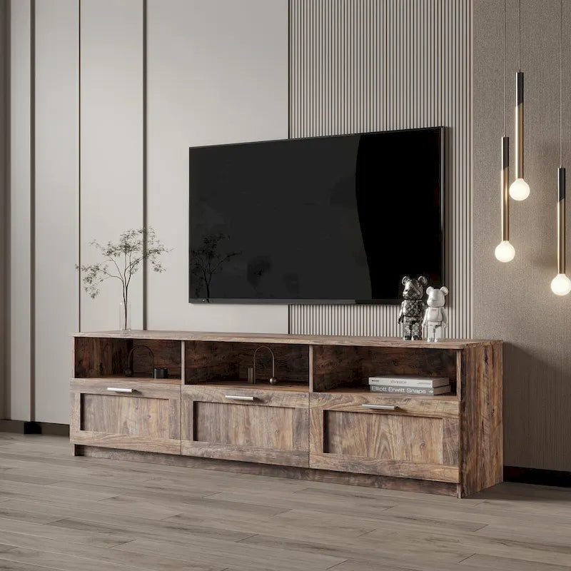 Meuble TV minimaliste moderne, support TV 80 pouces, casier ouvert, salon, chambre