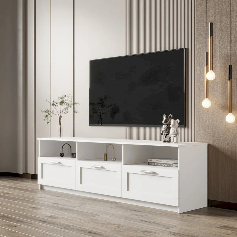 Meuble TV minimaliste moderne, support TV 80 pouces, casier ouvert, salon, chambre