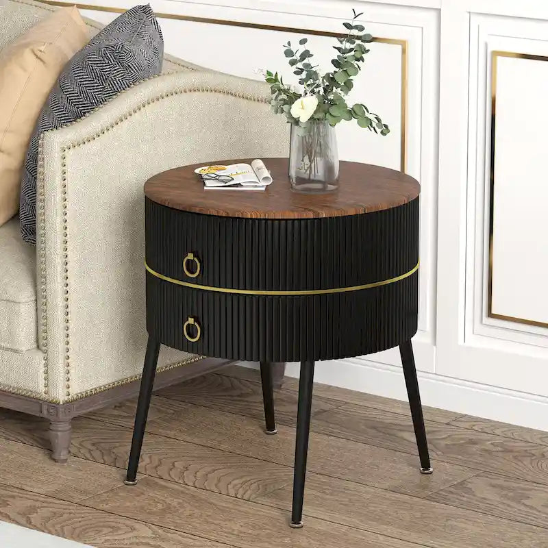 Myhozm Round End Table with Storage, Barrel-Shaped Nightstand for Living Room, Bedroom