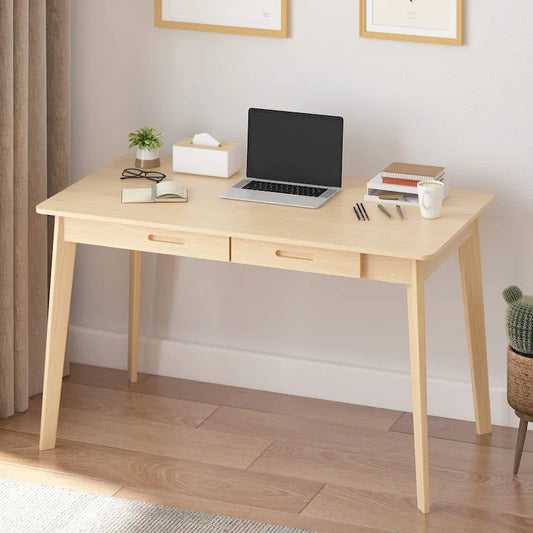 Timechee Beige Wooden Computer Desk, 47 Writing Desk with 2 Drawers