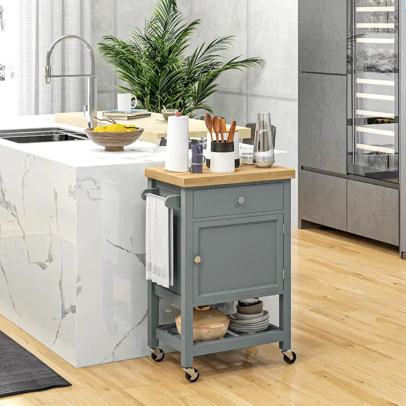 Chariot de cuisine utilitaire HOMCOM, îlot de cuisine roulant avec plateau lisse en bois d'hévéa, surface étroite de type bloc de boucher sur roulettes
