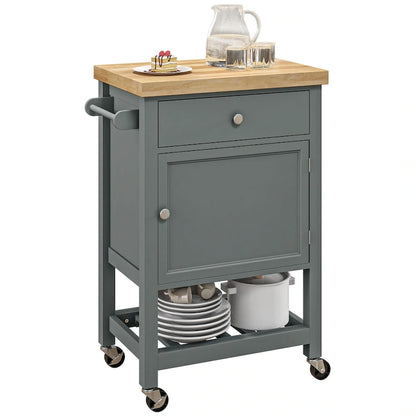 Chariot de cuisine utilitaire HOMCOM, îlot de cuisine roulant avec plateau lisse en bois d'hévéa, surface étroite de type bloc de boucher sur roulettes
