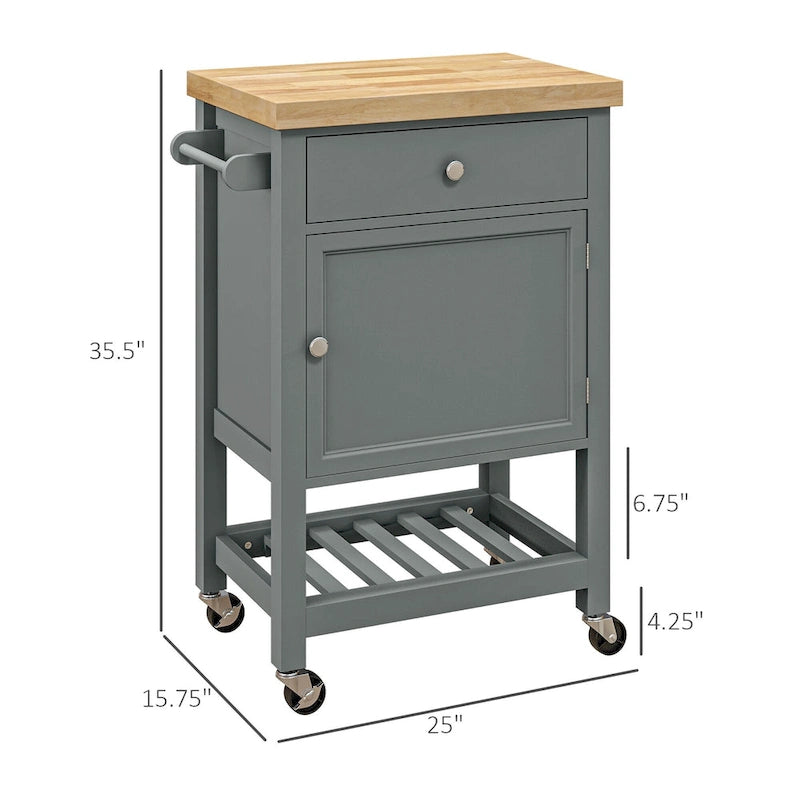 Chariot de cuisine utilitaire HOMCOM, îlot de cuisine roulant avec plateau lisse en bois d'hévéa, surface étroite de type bloc de boucher sur roulettes