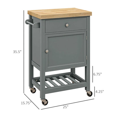 Chariot de cuisine utilitaire HOMCOM, îlot de cuisine roulant avec plateau lisse en bois d'hévéa, surface étroite de type bloc de boucher sur roulettes